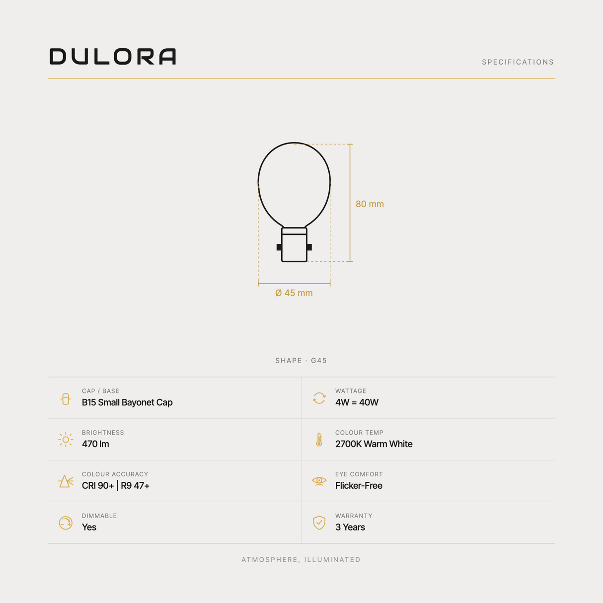 Dulora 4W G45 fancy round LED bulb B15 frost specifications: 470 lm, 2700K warm white, CRI 90+ and R9 47+, dimmable, flicker-free, 3 year warranty, 80mm by 45mm