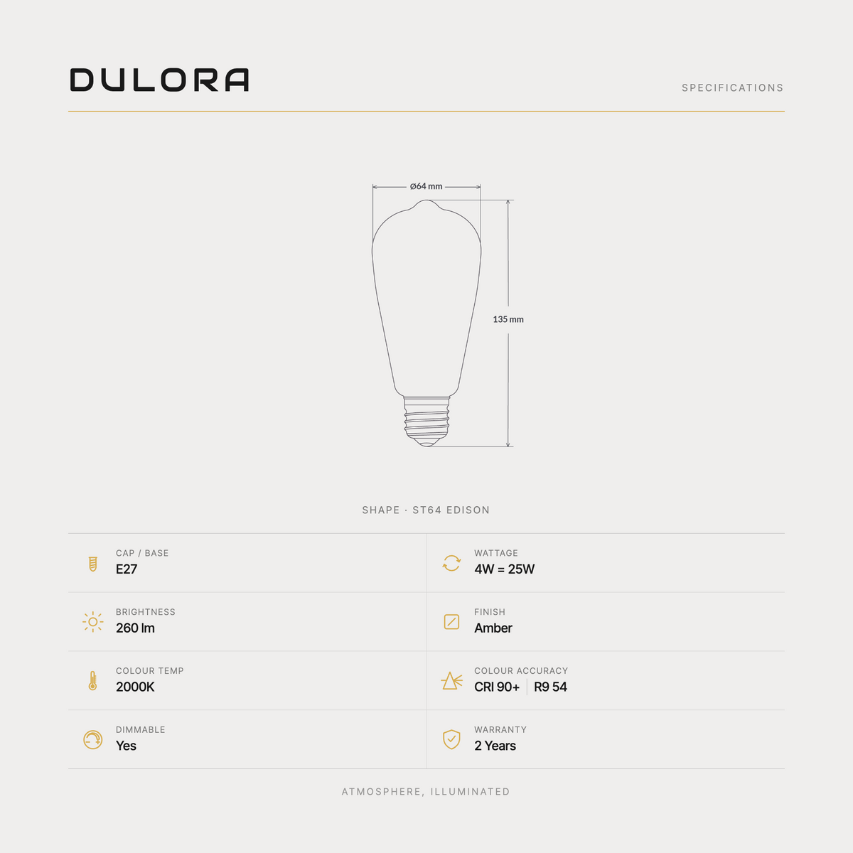 Dulora 4W ST64 Spiral Edison LED bulb E27 specifications: 260 lumens, 2000K amber, CRI 90+ R9 54, dimmable, 2-year warranty