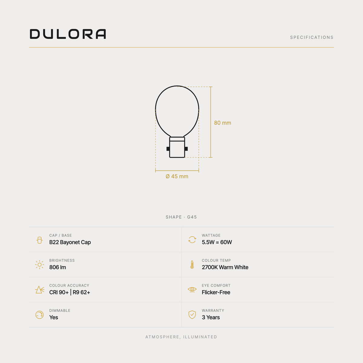 Dulora 5.5W G45 fancy round LED bulb B22 clear specifications: 806 lm, 2700K warm white, CRI 90+ and R9 62+, dimmable, flicker-free, 3 year warranty, 80mm by 45mm