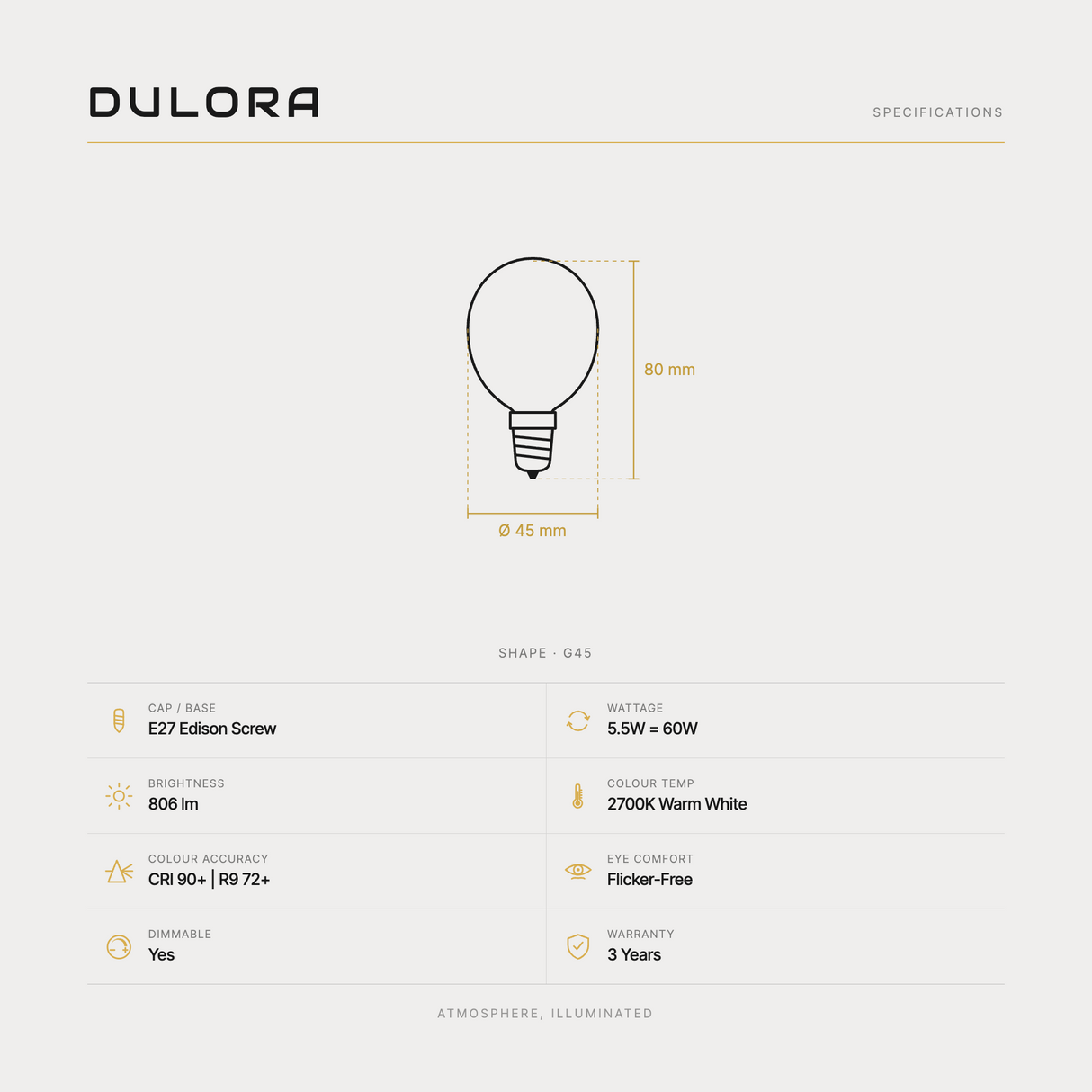 Dulora 5.5W G45 fancy round LED bulb E27 frost specifications: 806 lm, 2700K warm white, CRI 90+ and R9 72+, dimmable, flicker-free, 3 year warranty, 80mm by 45mm