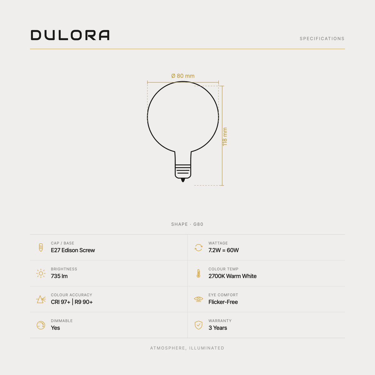 Dulora 7.2W G80 LED Globe E27 Porcelain Warm White specifications: E27 Edison Screw, 7.2W = 60W, 735 lumens, 2700K Warm White, CRI 97+ R9 90+, flicker-free, dimmable, 3 year warranty.