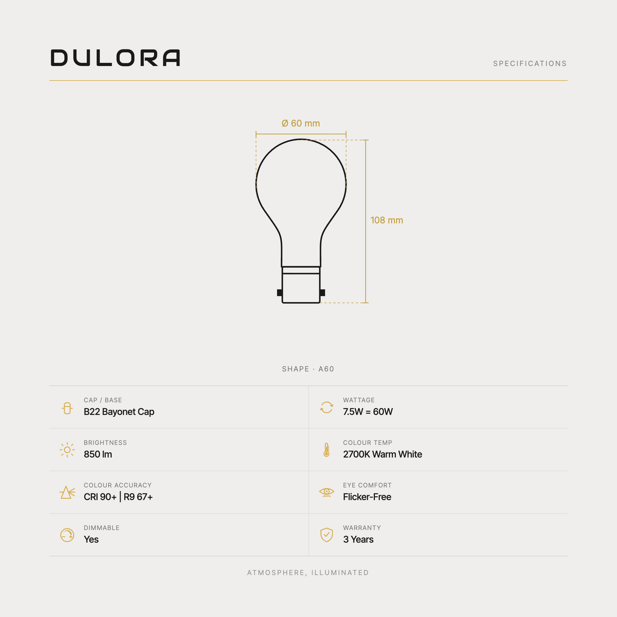 Dulora 7.5W A60 GLS mirror crown LED bulb B22 specifications: 850 lm, 2700K warm white, CRI 90+ and R9 67+, dimmable, flicker-free, 3 year warranty, 108mm by 60mm