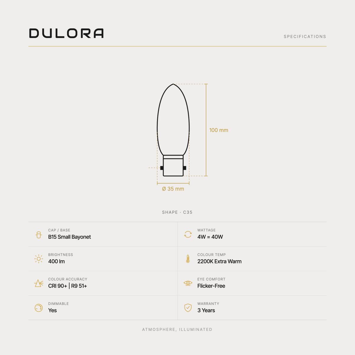 Dulora 4W C35 candle LED bulb B15 clear 2200K specifications: 400 lm, 2200K extra warm, CRI 90+ | R9 51+, dimmable, flicker-free, 3 year warranty, 100mm by 35mm