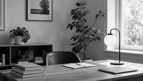 A well-lit home study with a pendant lamp fitted with a natural white globe, casting clean, daylight-quality light across a wood desk, open book, and potted plant.