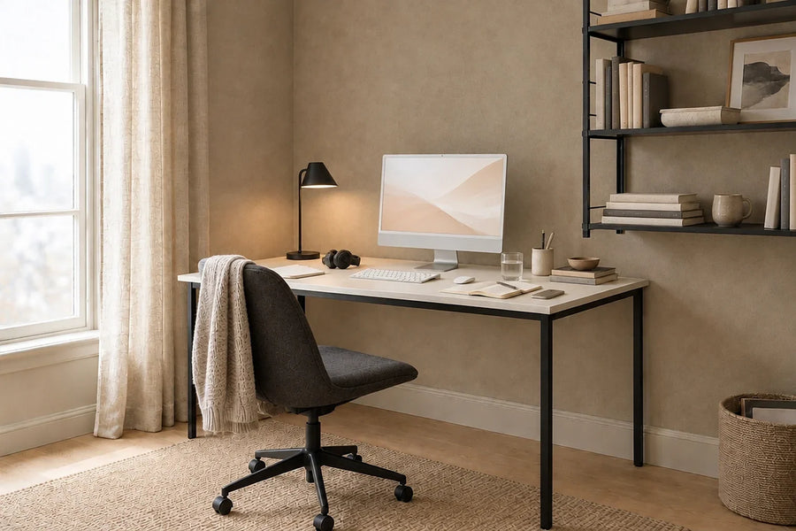 Home office desk with a computer, lit by a warm task lamp and soft daylight from the window