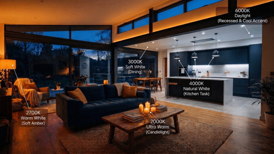 Open-plan Australian home at dusk showing the full colour temperature spectrum, from 2000K candlelight and 2700K warm white in the living area to 4000K Natural White over the kitchen benchtop and 6000K daylight through the clerestory windows