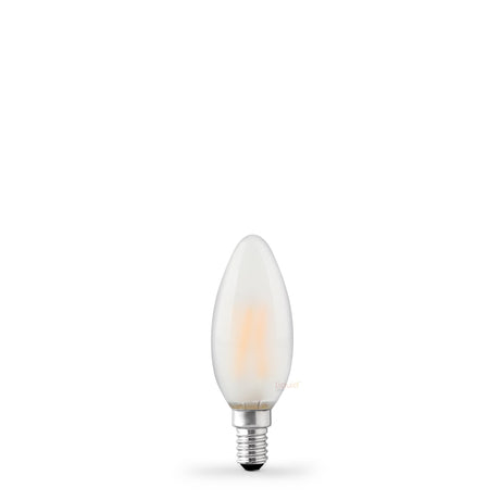 The Liquid LEDs 4W 24 Volt DC Candle LED Bulb E14 Frost in Warm White features a frosted candle shape, dimmable function, and silver screw base, shown on a white background.