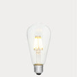 Dulora 8W E27 LED Edison-style bulb in clear glass with AC/DC compatibility, glowing with 2700K warm white light.