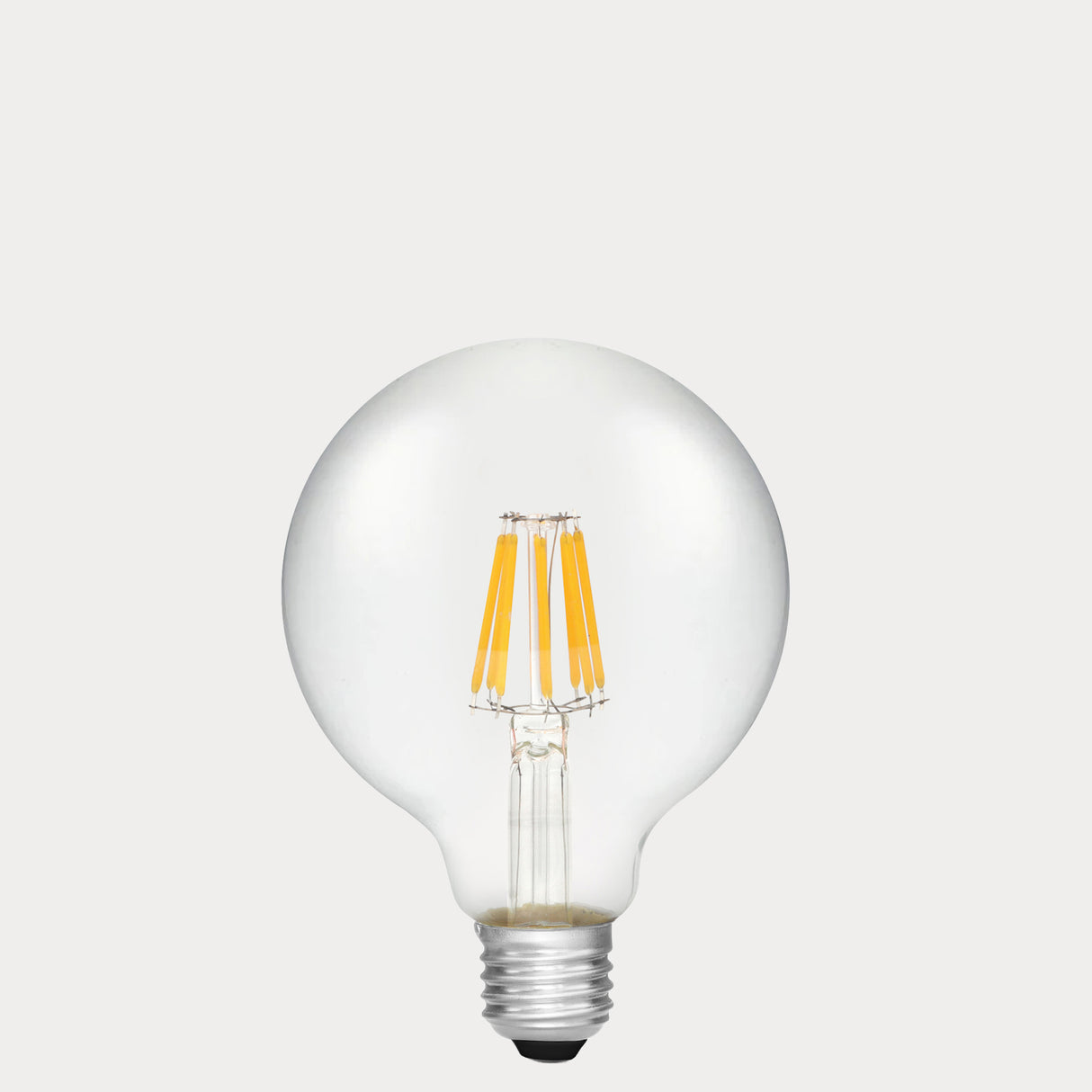 Dulora 8W E27 LED globe bulb in clear glass with AC/DC compatibility, shown unlit.