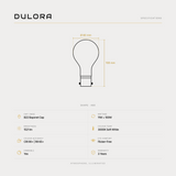 Dulora 11W A60 GLS LED bulb B22 clear soft white specifications: 1521 lm, 3000K soft white, CRI 90+ and R9 65+, dimmable, flicker-free, 3 year warranty, 108mm by 60mm