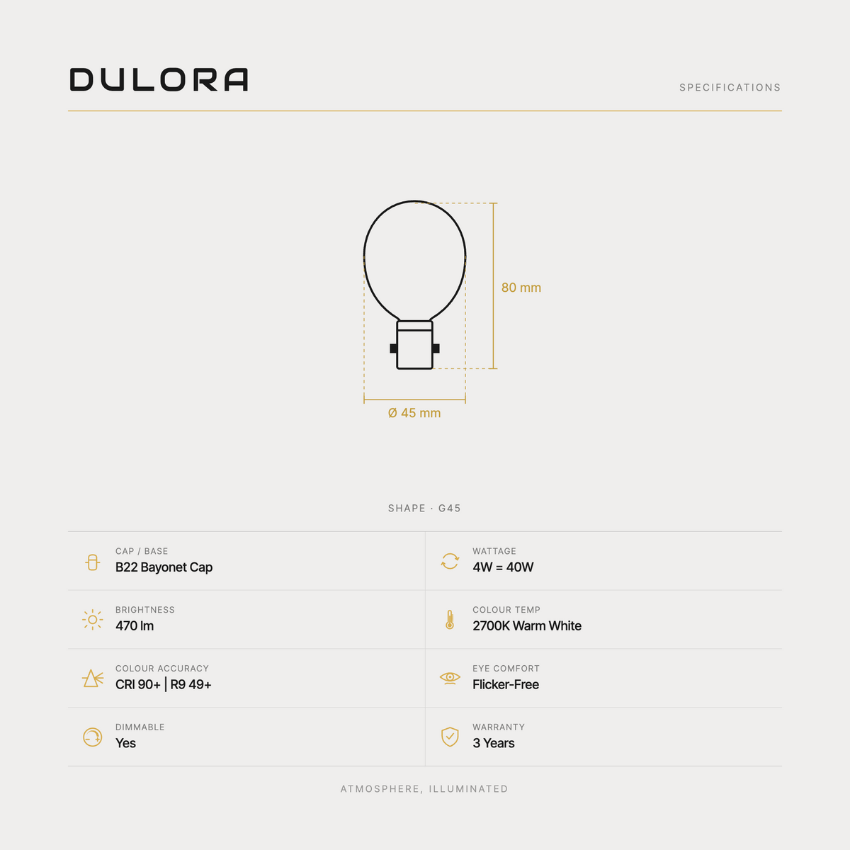 Dulora 4W G45 fancy round LED bulb B22 clear specifications: 470 lm, 2700K warm white, CRI 90+ and R9 49+, dimmable, flicker-free, 3 year warranty, 80mm by 45mm