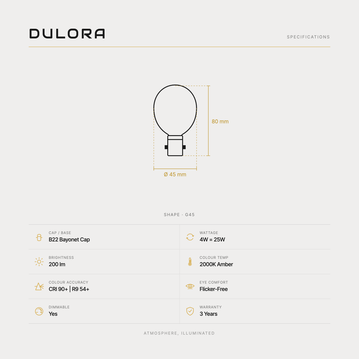Dulora 4W G45 vintage fancy round LED bulb B22 amber specifications: 200 lm, 2000K amber, CRI 90+ and R9 54+, dimmable, flicker-free, 3 year warranty, 80mm by 45mm