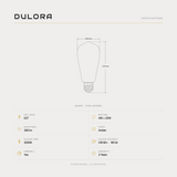 Dulora 4W ST64 Spiral Edison LED bulb E27 specifications: 260 lumens, 2000K amber, CRI 90+ R9 54, dimmable, 2-year warranty