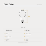 Dulora 6.5W A60 GLS LED bulb E27 clear soft white specifications: 806 lm, 3000K soft white, CRI 90+ and R9 55+, dimmable, flicker-free, 3 year warranty, 108mm by 60mm