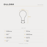Dulora 7.5W A60 GLS gold crown LED bulb B22 specifications: 850 lm, 2700K warm white, CRI 90+ and R9 55+, dimmable, flicker-free, 3 year warranty, 108mm by 60mm