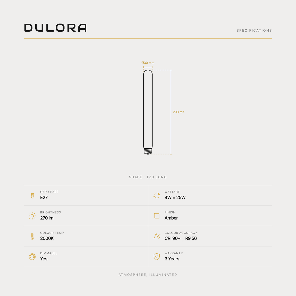 4W Long Tube Vintage LED bulb E27 specifications: 30x290mm, 270 lm, 2000K, CRI 90+, R9 56, dimmable, 3-year warranty