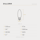Dulora 4W C35 candle LED bulb E27 frost specifications: 470 lm, 2700K warm white, CRI 90+ | R9 46+, dimmable, flicker-free, 3 year warranty, 100mm by 35mm