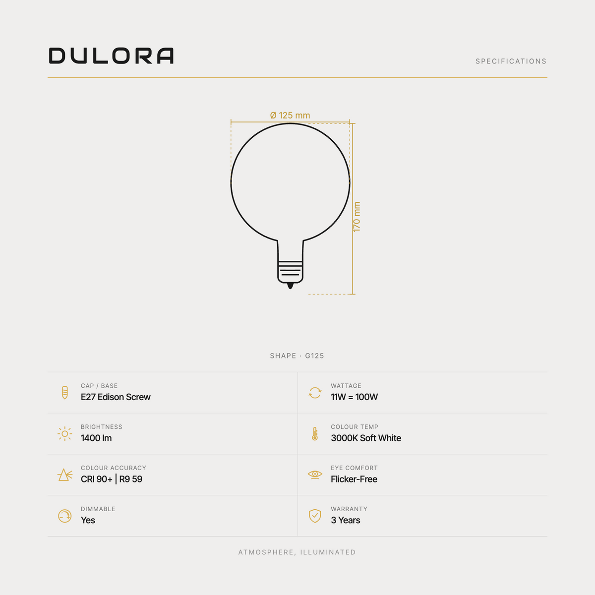 Dulora 11W G125 LED Globe E27 Porcelain Soft White specifications: E27 Edison Screw, 11W = 100W, 1400 lumens, 3000K Soft White, CRI 90+, R9 59, flicker-free, dimmable, 3 year warranty.